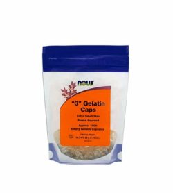 A blue and orange pouch of NOW Gelatin Capsules-3 1000-Capsules shown in white background