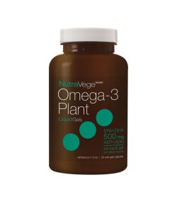 Brown bottle with white cap of NutraVege Omega 3 Plant liquid gels