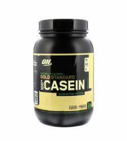 Black container with black cap of Optimum Nutrition Gold Standard 100% Casein slow acting protein