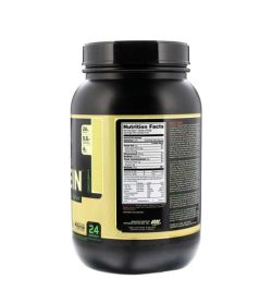 Nutrition facts shown in back panel of Optimum Nutrition Casein containing 2lbs with French vanilla in black container