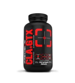 Black and red bottle of Precision CLA+GTX contains 120 softgels shown in white background