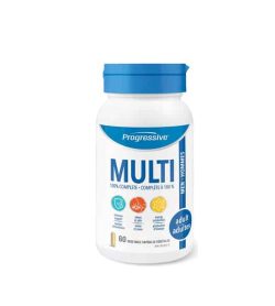 White bottle with blue cap of Progressive Multi 100% complete Men Adult contains 60 vegetable capsules