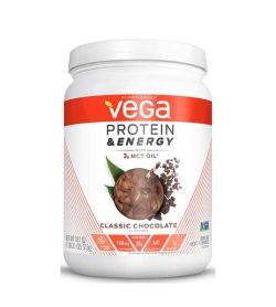 White and orange container of Vega Protein and Energy 513g with Classic Chocolate flavour