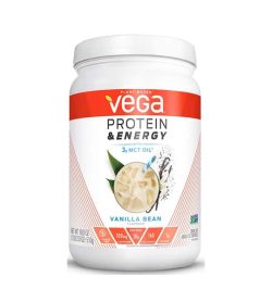 White and orange container of Vega Protein and Energy 510g with Vanilla Bean flavour shown in white background