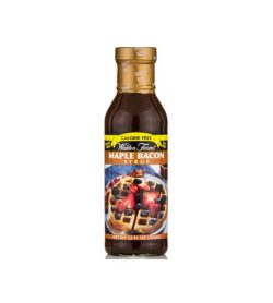 Brown bottle with gold cap of Walden Farms Maple Bacon Syrup calorie free shown in white background