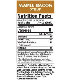 Nutrition facts and ingredients panel of Walden Farms Maple Bacon Syrup for serving size of 1/4 cup (60 ml)