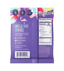 Purple pouch showing nutrition facts and ingredients panel of AlaniNu Fit Snacks Gummy Bears 50 g