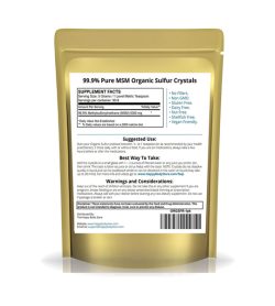 Golden pouch showing supplement facts panel of Happy Body Pure Ognaic Sulfur Crystals for a serving size of 5 g