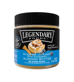 Black and blue bottle of Legendary Foods Blueberry Cinnamon Almond Butter No Sugar Added 12 oz