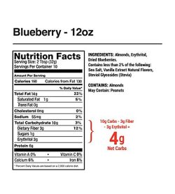 Nutrition facts and ingredients panel of Legendary Foods Blueberry Cinnamon Almond Butter for serving size of 2 tbsp (32 g)