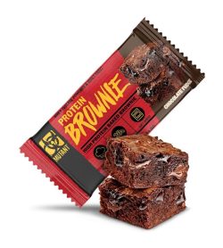Red and brown pack of Mutant Protein Brownie with Chocolate Fudge flavour shown with a brownie