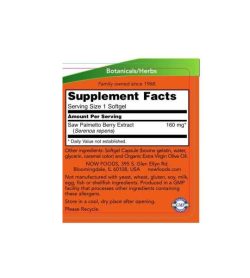 Supplement facts and ingredients panel of NOW Saw Palmetto for serving size of 1 softgel contains 60 Softgels