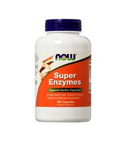 White and orange bottle of NOW Super Enzymes dietary supplement Supports Healthy Digestion contains 180 capsules