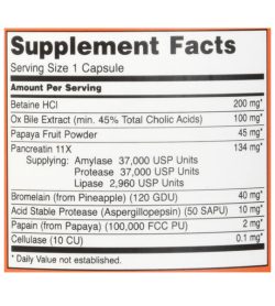 Supplement facts panel of NOW Super Enzymes for serving size of 1 capsule