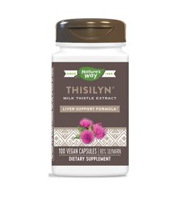 White and brown bottle of Natures Way Thisilyn Milk Thistle Extract Liver Support Formula 100 vegan capsules