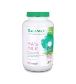 White and green bottle of Organika Ma's Milk supports breast milk production contains 120 Vegetarian Capsules