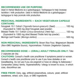 Ingredients panel of Organika Ma's Milk contains 120 Vegetarian Capsules