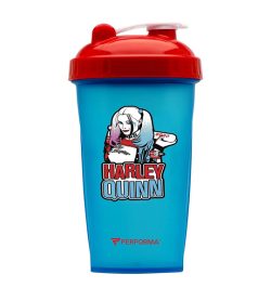 Blue bottle with red cap of Performa DC Comics Villain Series shown in white background