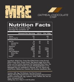 Nutrition facts and ingredients panel of Redcon1 MRE Meal Ready-To-Eat with oatmeal chocolate chip flavour