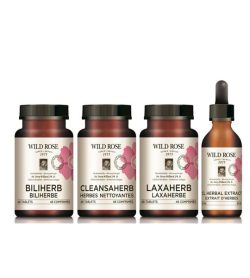 Pink and orange bottles with black cap of Wild Rose Gentle D-tox Biliherb, Cleansaherb, Laxaherb, and, CL Herbal extract
