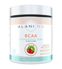 One white and cyan container of Alaninu BCAA 30Serv Strawberry kiwi flavour