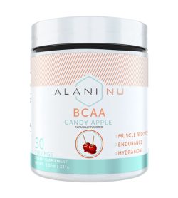 One white and cyan container of Alaninu BCAA 30Serv candy apple flavour