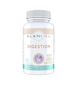 One white and cyan bottle of Alaninu Digestion 90 SERVINGS DIETARY SUPPLEMENT SUPPORTS DIGESTION