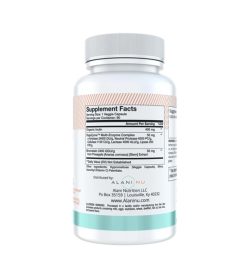 Supplement facts panel of Alaninu Digestion 90c white and cyan bottle