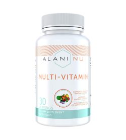 One white and cyan bottle of Alaninu Multivitamin 30 SERVINGS SUPPORTS HEALTHY IMMUNE SYSTEM