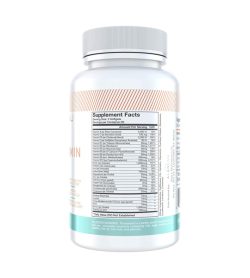 One white and cyan bottle of Alaninu Multivitamin 30Serv facts panel
