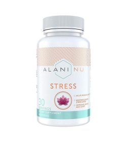 One white and cyan bottle of Alaninu Stress 60c DIETARY SUPPLEMENT