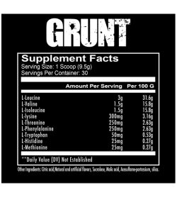 Supplement facts panel of Redcon1 Grunt EAAs 30s in black background