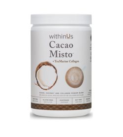White and brown container with coconut picture of WithinUs Cacao Misto+TruMarine Collagen