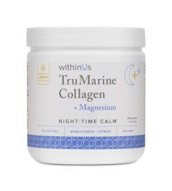 White and blue bottle of WithinUs TruMarine Collagen + magnesium night-time calm with organic lemon flavour