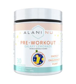 One white and cyan container of Alaninu Pre Workout 30Serv Galaxy Lemonade flavour