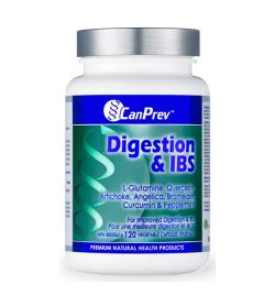 One green blue and grey bottle of CanPrev Digestion IBS 120 Capsules For Improved Digestion & IBS