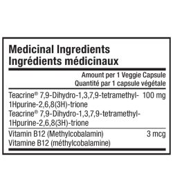 Medicinal ingredients panel of SD Pharmaceuticals TeaCrine 60 capsules Amount per 1 Veggie Capsule