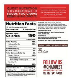 Nutrition fact and ingredients panel of Quest Peanut Butter Cups Serving size 2 cups (42g)