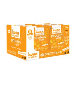 One yellow and white box of iWon Protein Puffs Jumbo Cheddar Cheese 141 g