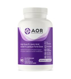 One white and purple bottle of AOR High Dose R Lipoic Acid 60 Capsules Stabilized Antioxidant & Metabolic Support