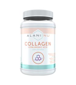 One white orange and cyan bottle of Alani Nu–collagen +HYALURONIC ACID UNFLAVORED