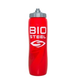 One red and grey Biosteel Team Water Bottle in white background