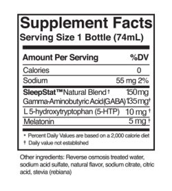 Supplement facts panel of Dream Water Sleep Aid Snoozeberry Serving Size 1 Bottle (74mL)