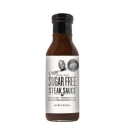 A brown and white bottle of G Hughes Sugar Free Steak Sauce