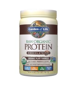 One yellow and brown container of Garden of Life Raw Organic Protein Chocolate Cacao flavour