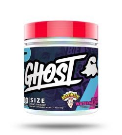 One blue pink and red container of Ghost Size 30 Servings Sour watermelon flavour