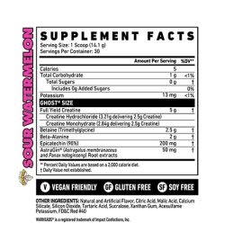 Nutrition fact and ingredients panel of Ghost Size 30 Servings Sour watermelon Serving Size: 1 Scoop (14.1 g)