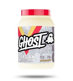 One white and red container of Ghost vegan protein 2lbs Pancake Batter flavour