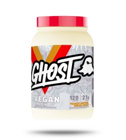 One white and red container of Ghost vegan protein 2lbs Peanut Butter Cereal Milk flavour
