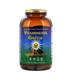 One brown green and blue bottle of HealthForce Vitamineral Greens Powder Net Wt 500g (17.64 oz)